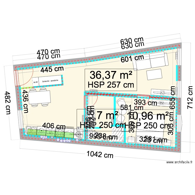 appartement mouja wc dans salle de bain V4. Plan de 3 pièces et 71 m2