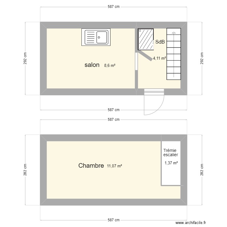 Studio Cour Jacob. Plan de 4 pièces et 25 m2