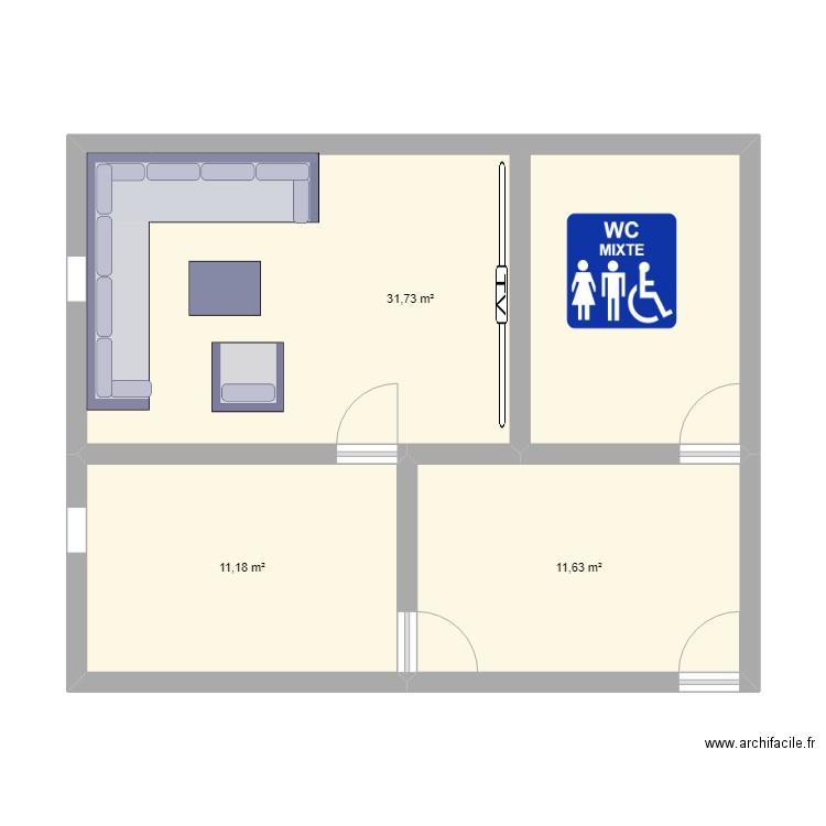 amine plan. Plan de 3 pièces et 55 m2