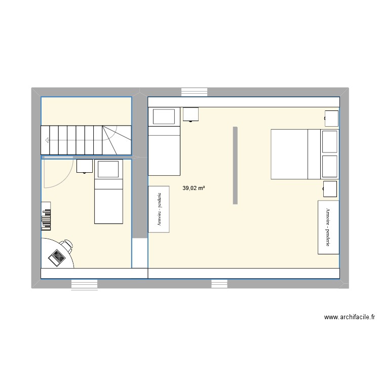 Deuxième étage. Plan de 1 pièce et 39 m2