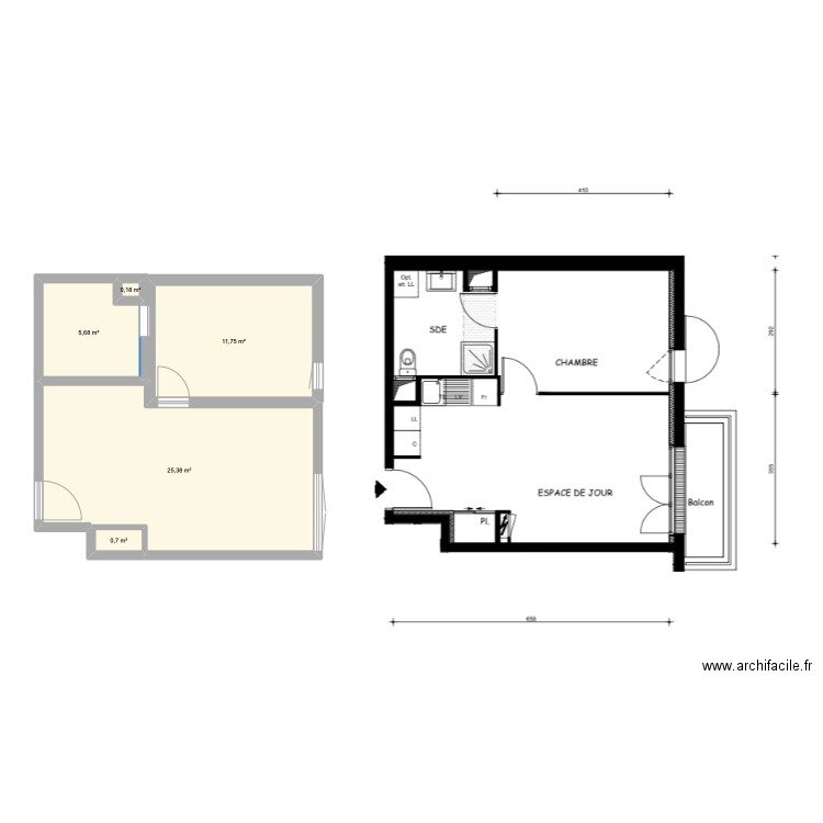 house. Plan de 5 pièces et 44 m2