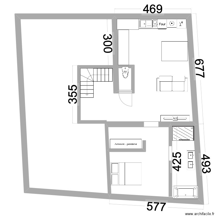 niveau 2. Plan de 1 pièce et 21 m2