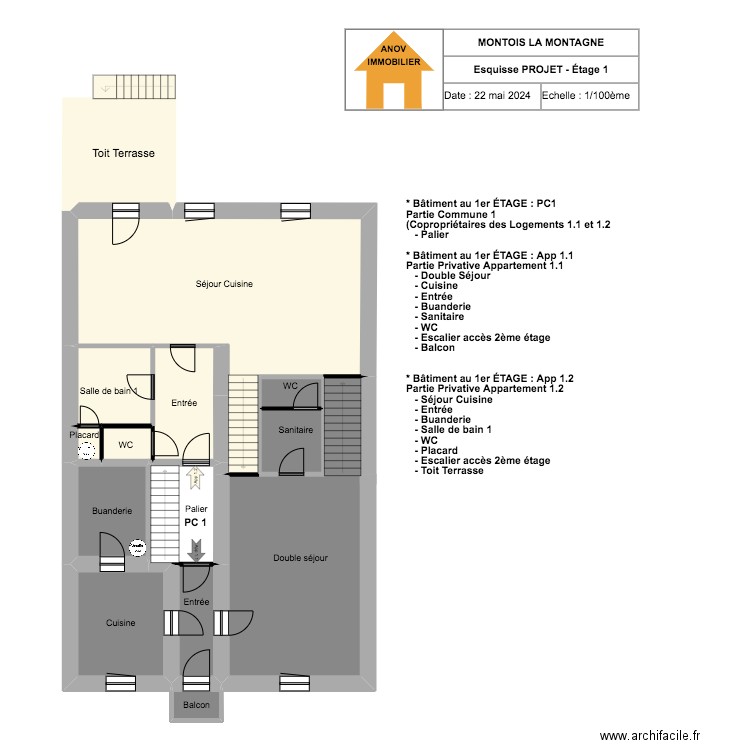 MONTOIS LA MONTAGNE - PROJET - ETAGE 1. Plan de 14 pièces et 150 m2