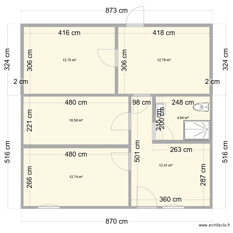 t1 gite. Plan de 6 pièces et 66 m2