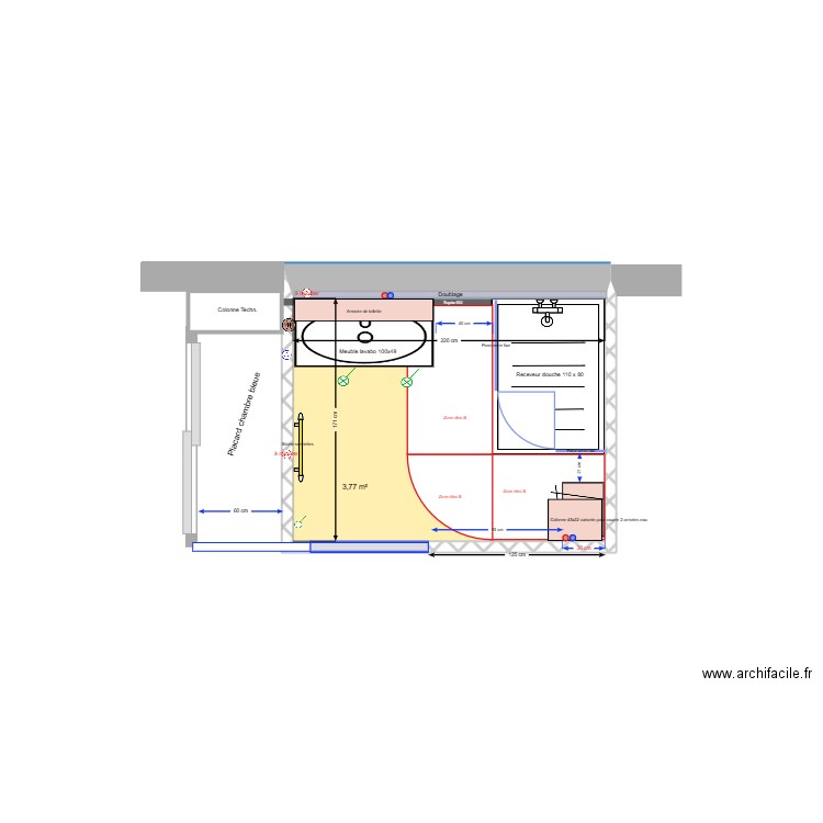 SDB Rossan_V 3_110x90 rect arrondi. Plan de 1 pièce et 4 m2