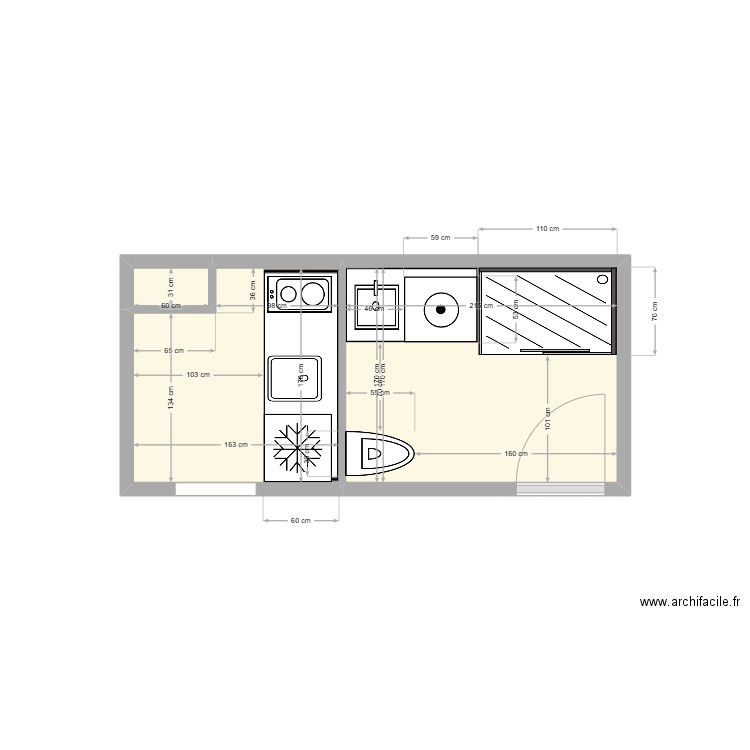 Cuisine/sdb 7. Plan de 3 pièces et 6 m2