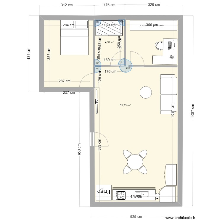 studio . Plan de 2 pièces et 60 m2