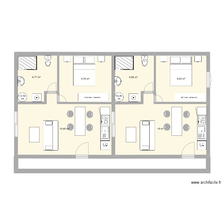 Appartement 40 m2 31. Plan de 6 pièces et 71 m2