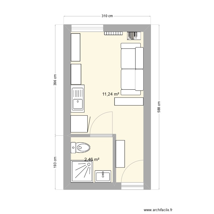 studio rillieux. Plan de 2 pièces et 14 m2