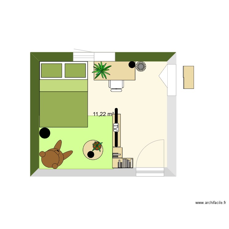 chambre travail 2. Plan de 1 pièce et 11 m2