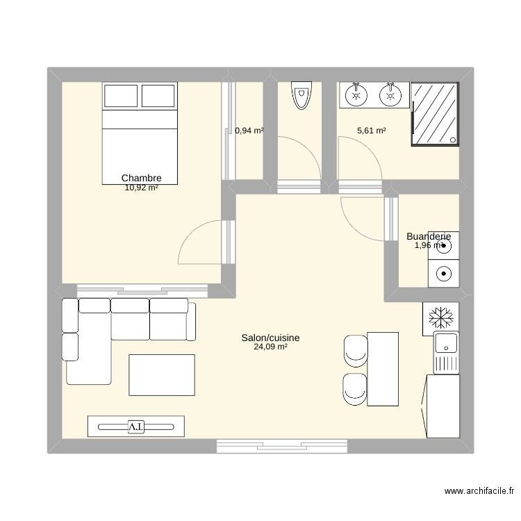 Bas brigitte. Plan de 5 pièces et 44 m2