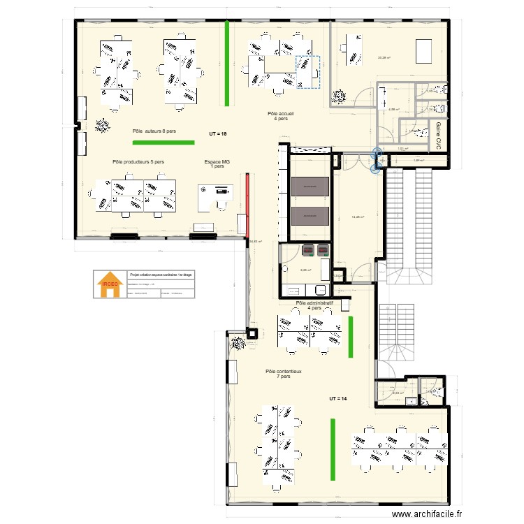 Plan 1 étage-sanitaires côté cour. V3. Plan de 17 pièces et 294 m2