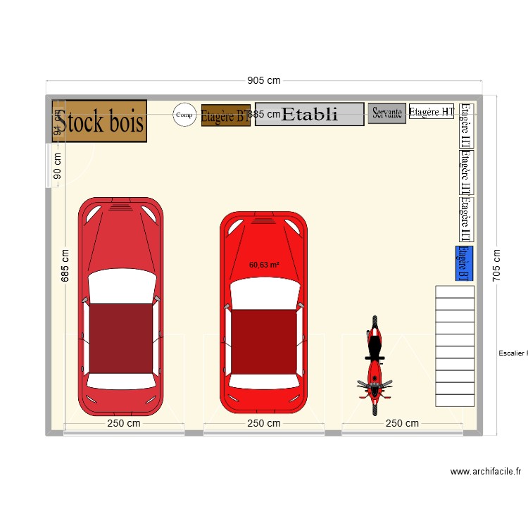 garage 2. Plan de 1 pièce et 61 m2