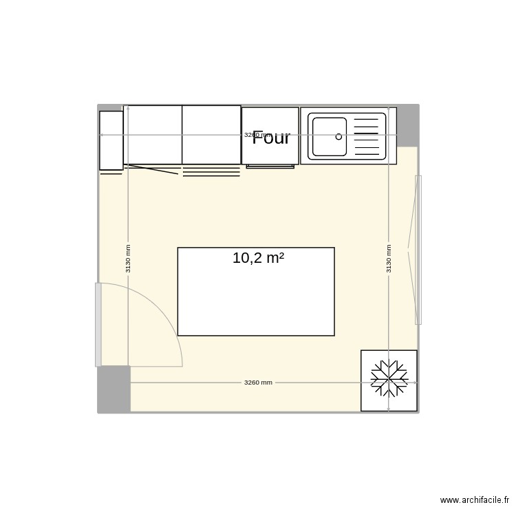 cuisine. Plan de 1 pièce et 10 m2