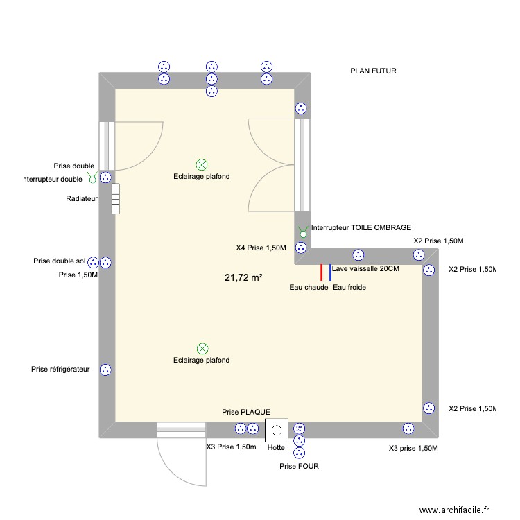 Electricité cuisine actuelle. Plan de 1 pièce et 22 m2