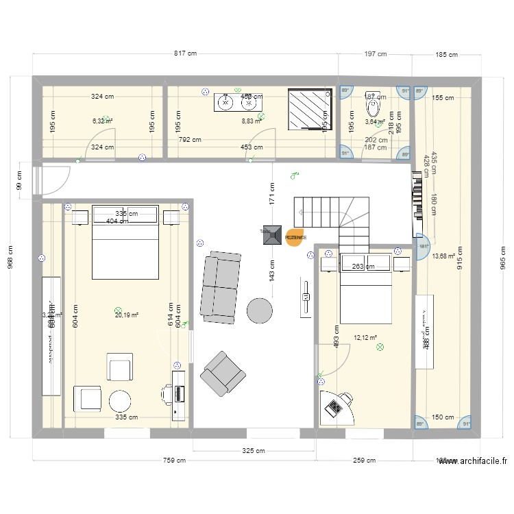 Esquisse1. Plan de 7 pièces et 68 m2