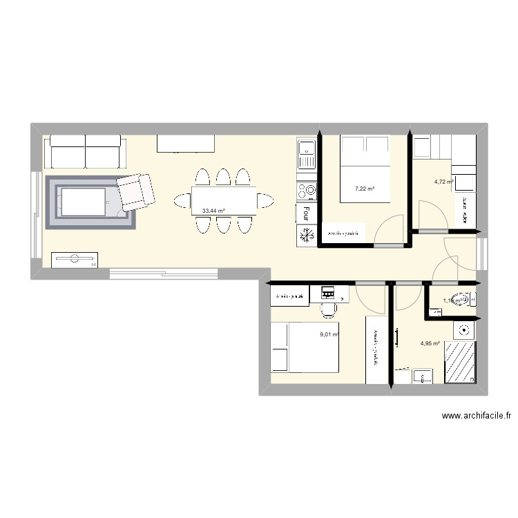 Modèle2. Plan de 6 pièces et 61 m2