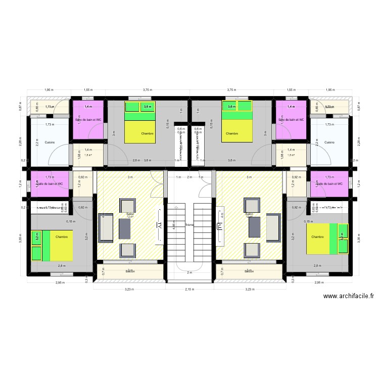 2 apparts par niveau +2 Douches/Appart. Plan de 21 pièces et 101 m2