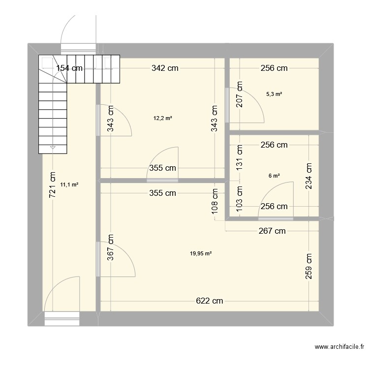 Pied de boeuf. Plan de 5 pièces et 55 m2