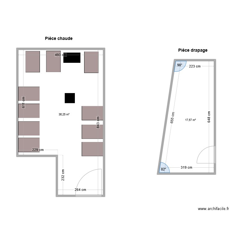 Pièce chaude+drapage RDJ ROBEC. Plan de 2 pièces et 54 m2