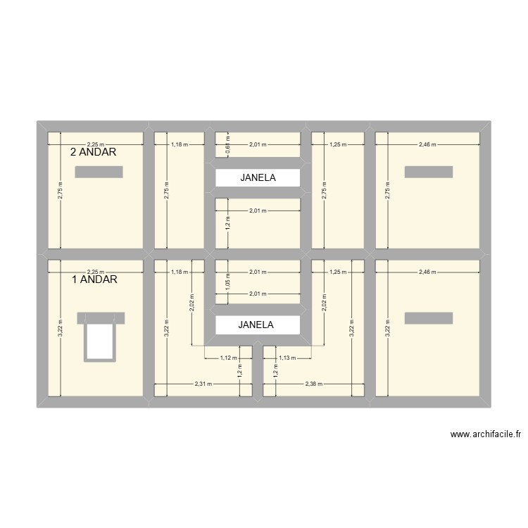 Concreto facada rua studio. Plan de 14 pièces et 53 m2