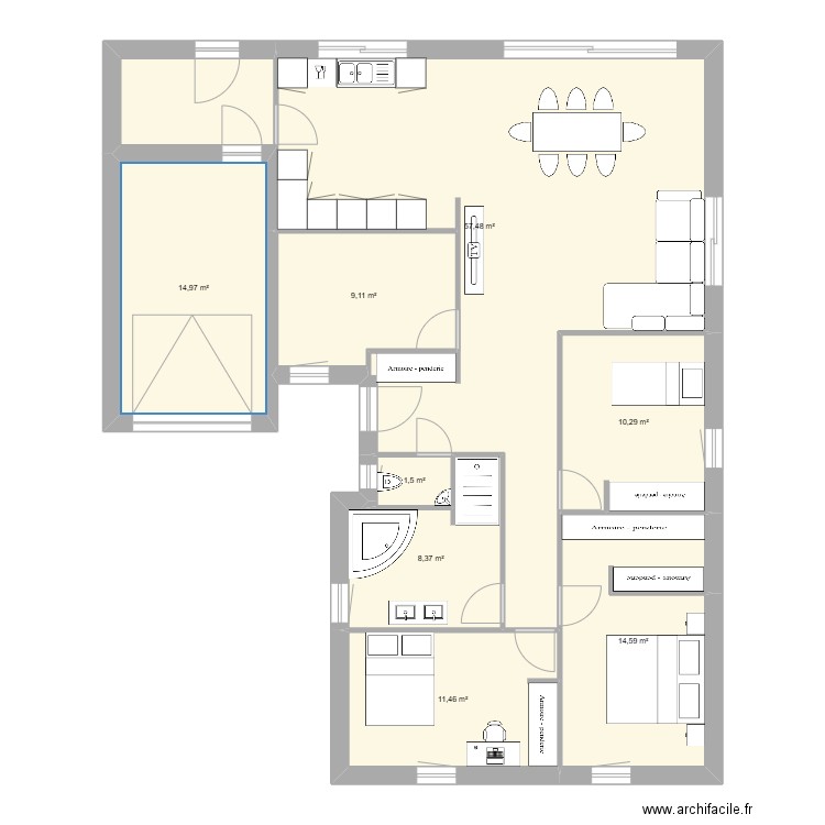 MAISON. Plan de 8 pièces et 128 m2