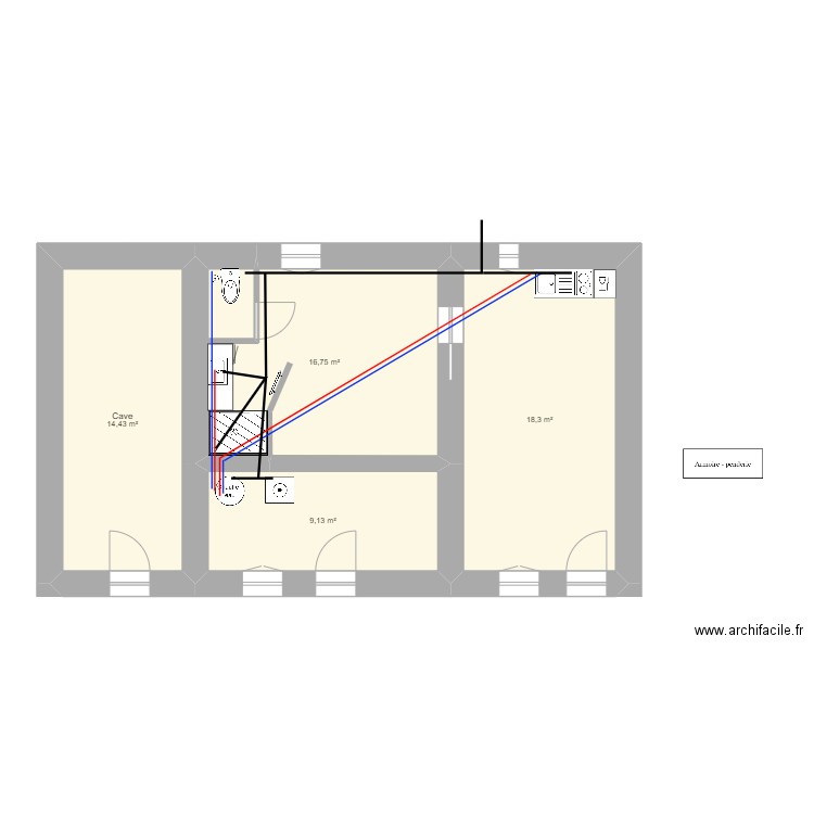 cave eau. Plan de 4 pièces et 59 m2