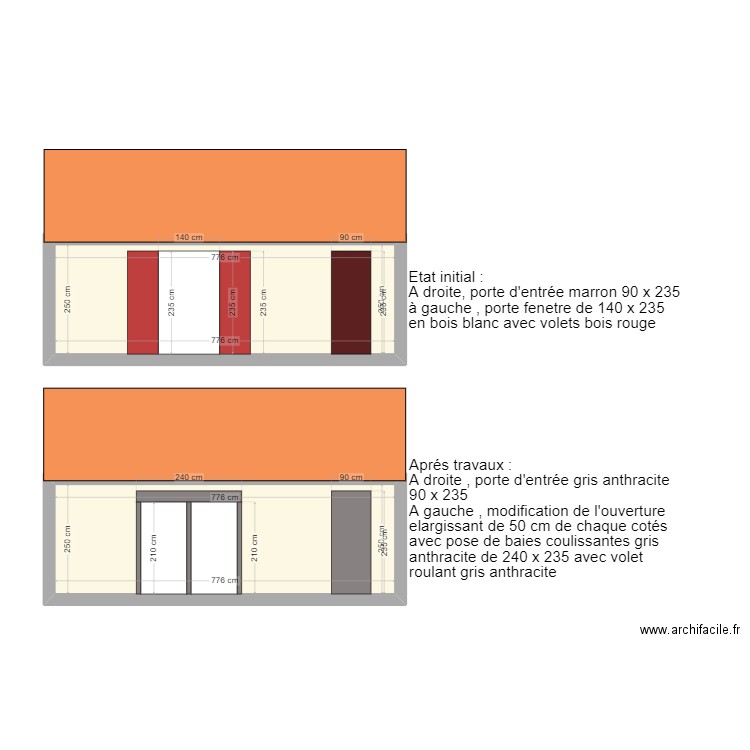 Plan façade coté est sudd. Plan de 2 pièces et 39 m2