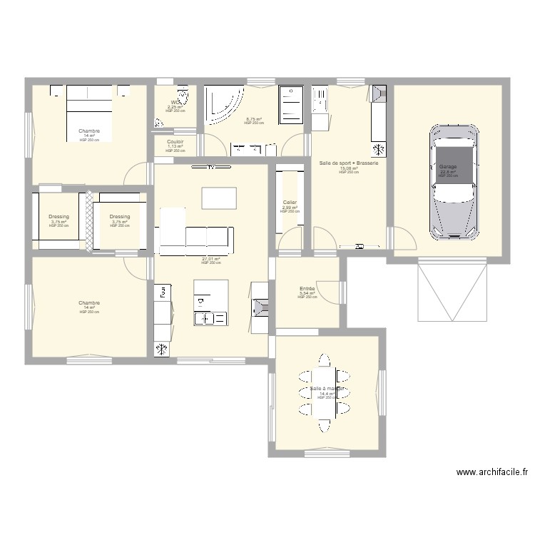 Maison plain pied. Plan de 13 pièces et 135 m2