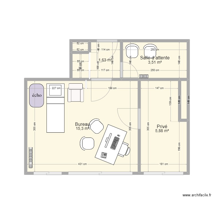 cabinet actuel. Plan de 7 pièces et 28 m2