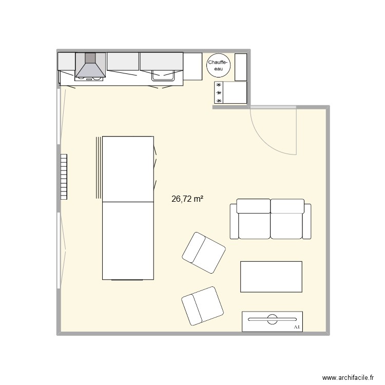 Pièce principale Chrystel TV de profil. Plan de 1 pièce et 27 m2