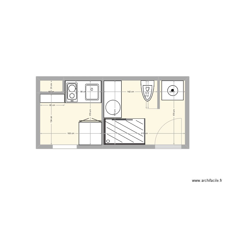 Cuisine/sdb. Plan de 3 pièces et 6 m2