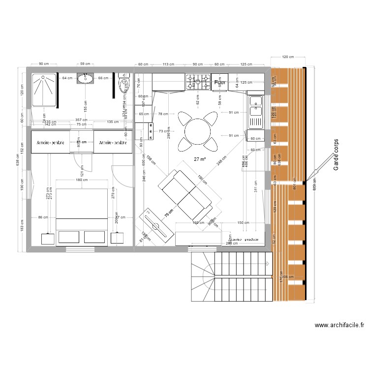 Maison 8 x 6 gauche avec cotations. Plan de 1 pièce et 27 m2