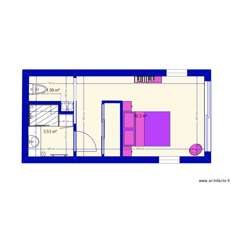 Hangar Chambre SdB 01. Plan de 3 pièces et 22 m2