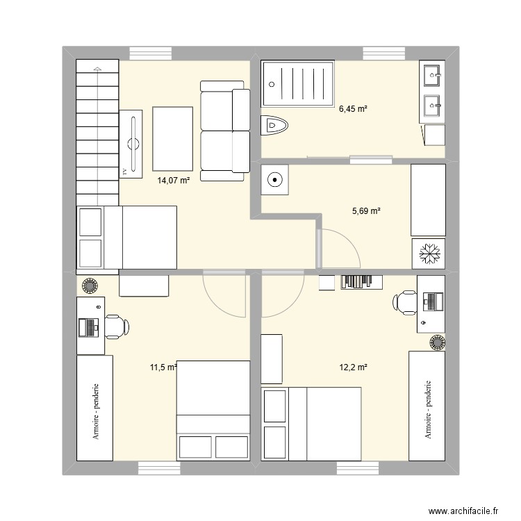 sous-sol nv2. Plan de 5 pièces et 50 m2