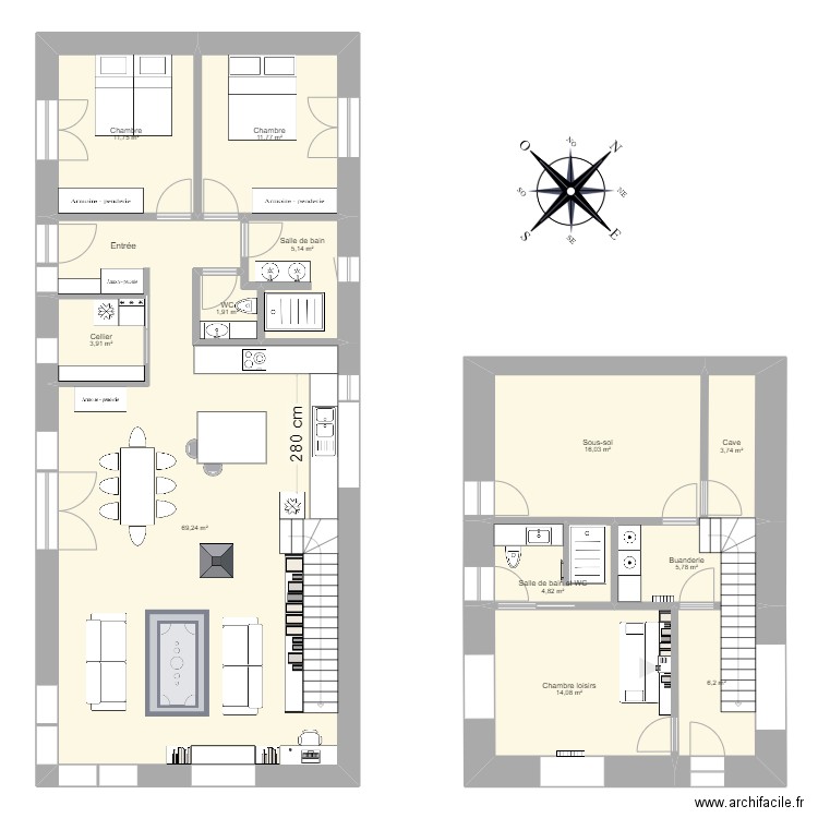 Maison longue 2. Plan de 12 pièces et 154 m2