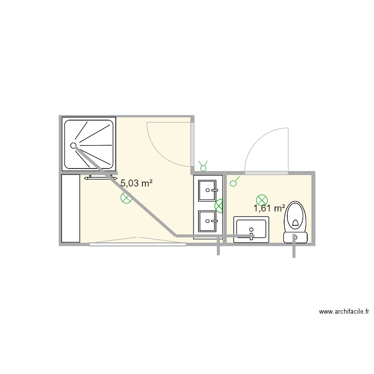 SdB Ch 1 RC Plomberie. Plan de 2 pièces et 7 m2