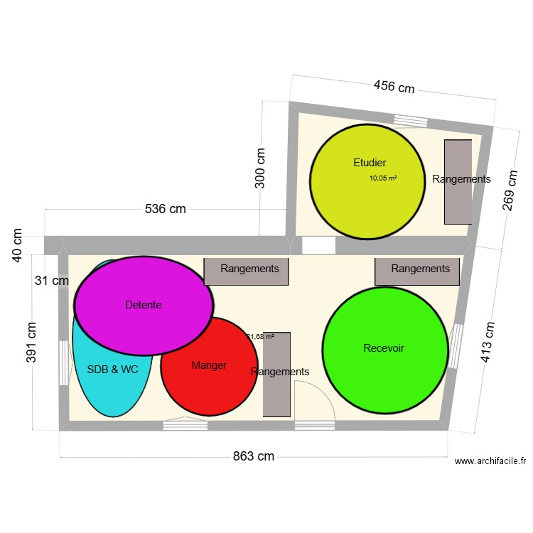 Zoning Studio. Plan de 2 pièces et 42 m2