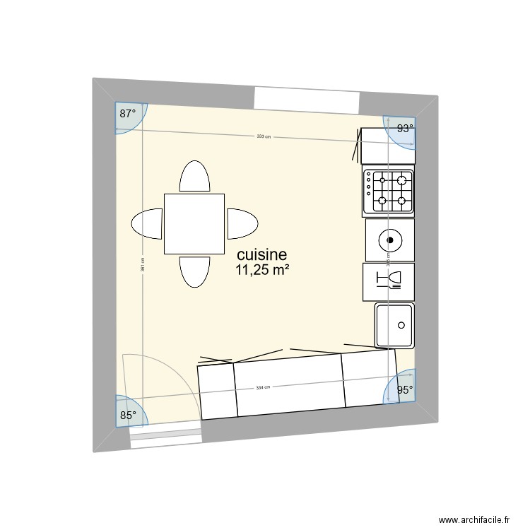 plan cuisine. Plan de 1 pièce et 11 m2