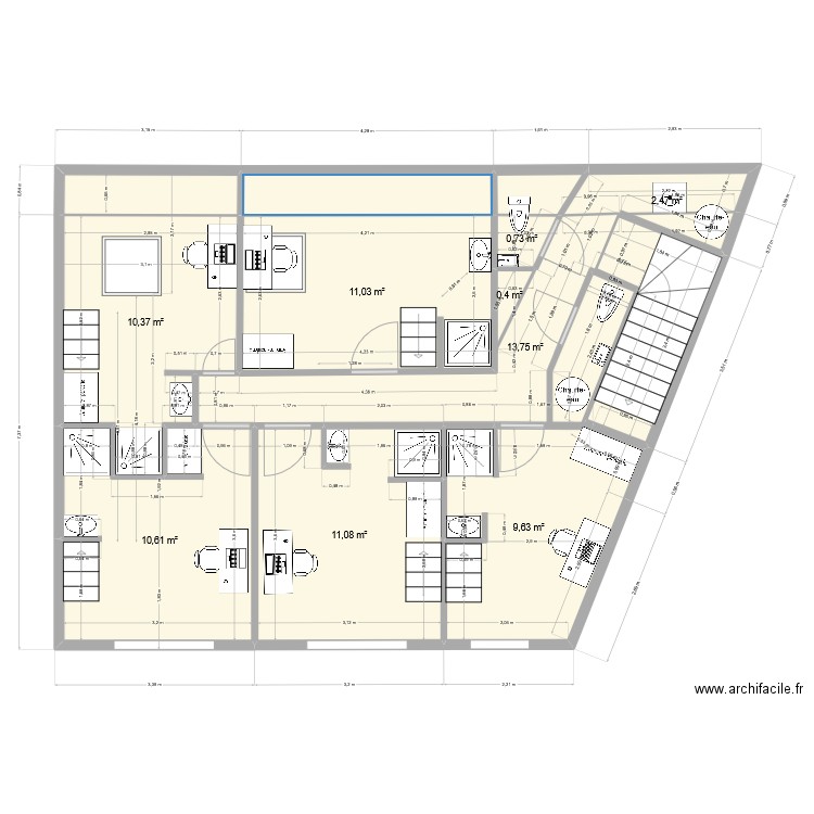 etage avec salles d'eau sans mezzanine v2. Plan de 12 pièces et 76 m2