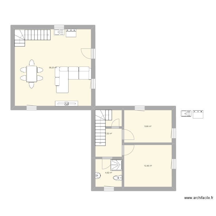 petite grange. Plan de 5 pièces et 70 m2