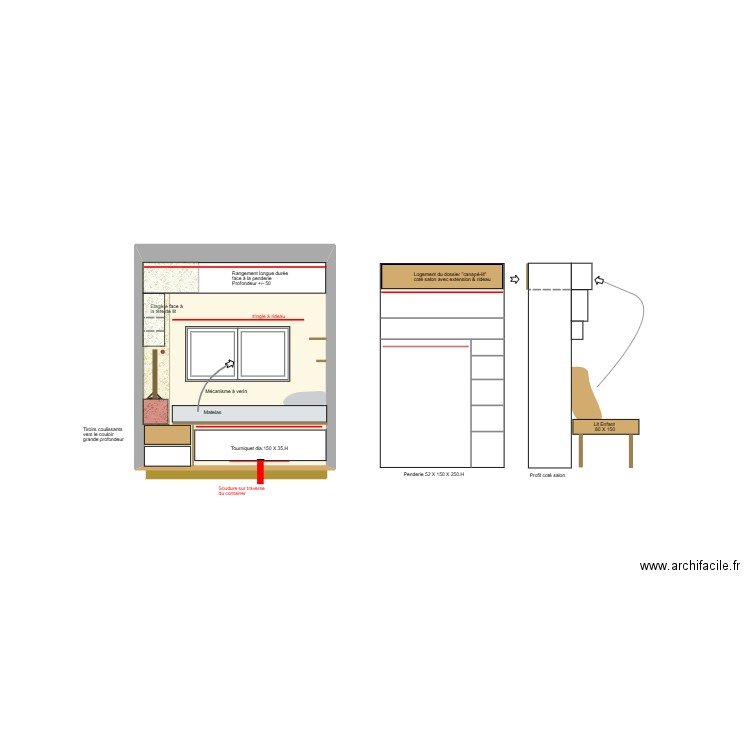 Aménagements chambre Dumbéa. Plan de 1 pièce et 5 m2