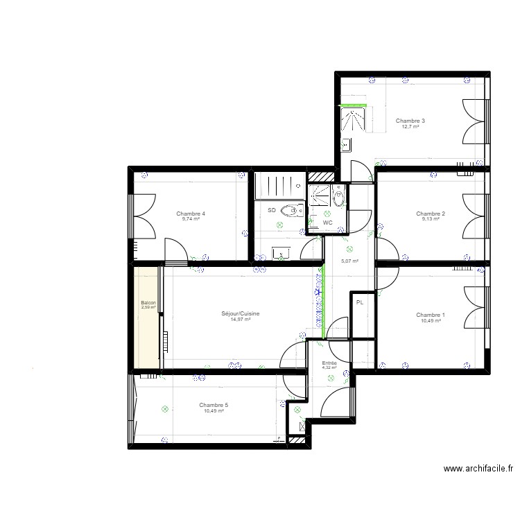 PROJET DJENKAM - PLAN P2. Plan de 14 pièces et 87 m2