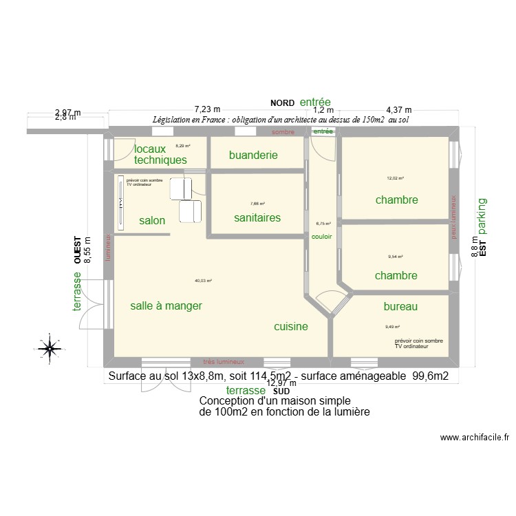 Maison Sud 100m2 06. Plan de 7 pièces et 94 m2