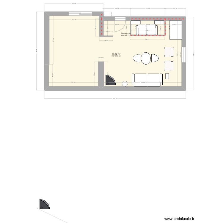 BOUSCAT R0 meubles. Plan de 1 pièce et 47 m2