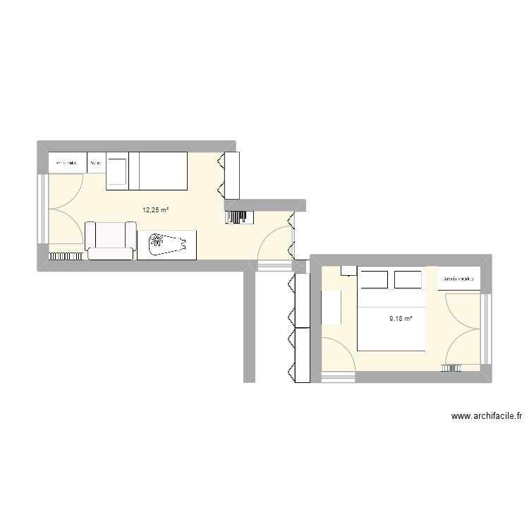 au 19, configuration 2 enfants. Plan de 2 pièces et 21 m2