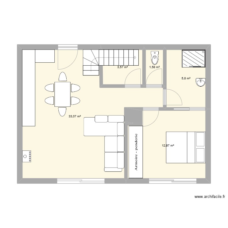 Sartilly RDC. Plan de 5 pièces et 57 m2