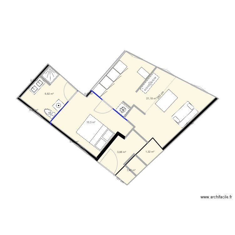 Appt 3 cote test amenag lit . Plan de 11 pièces et 46 m2