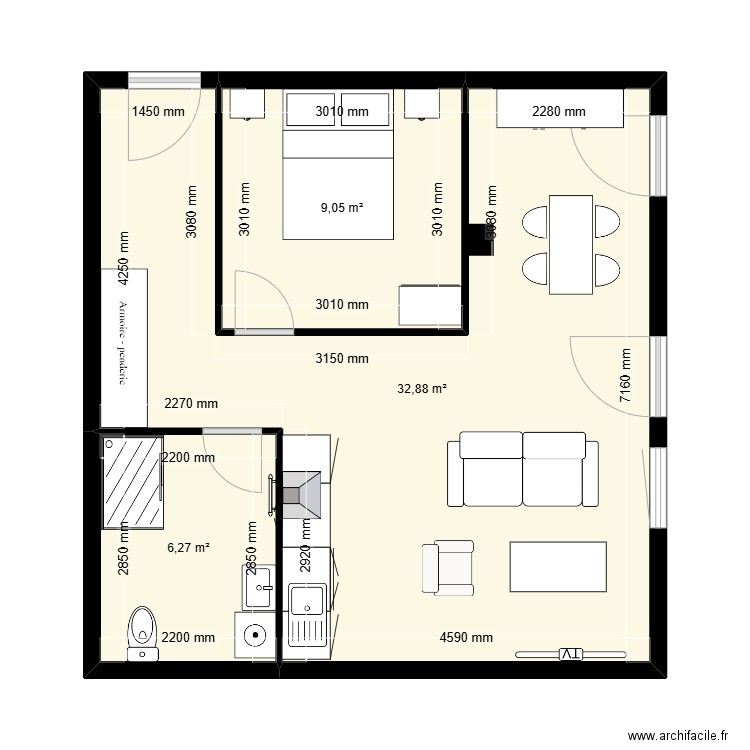 labovert. Plan de 3 pièces et 48 m2