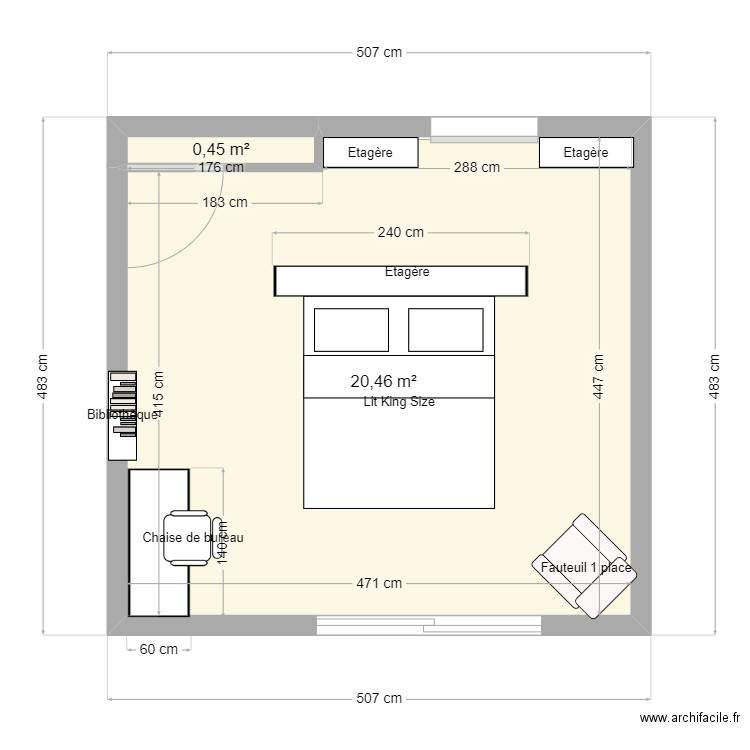 CHAMBRE. Plan de 2 pièces et 21 m2